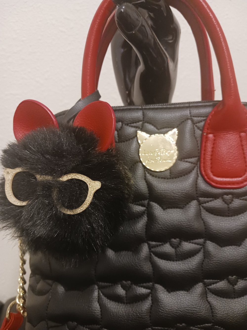 5 For $25! Betsey Johnson Black Quilted Tote with Red Handles & Gold Cat Accent
